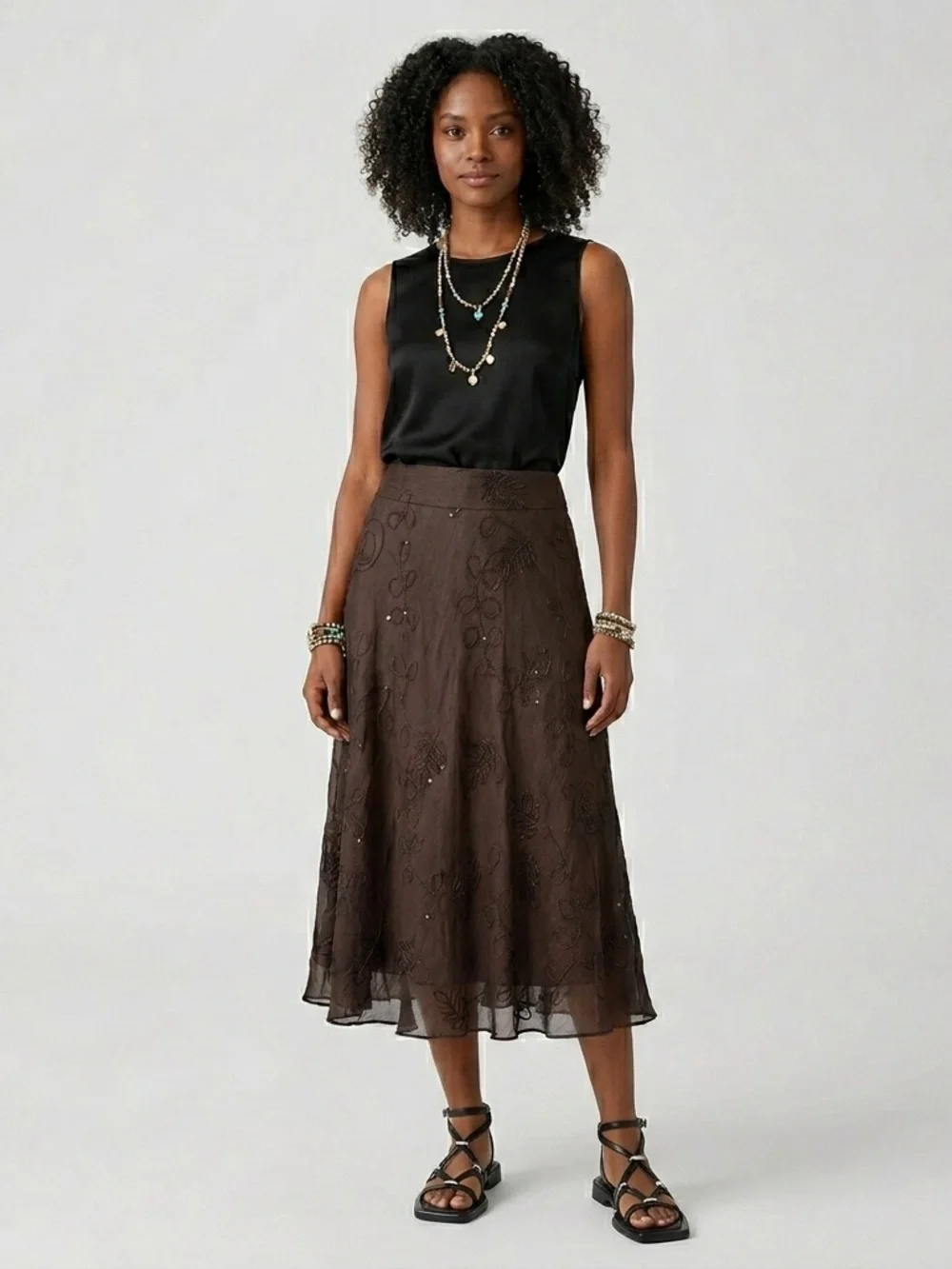 Anne Klein NEW Y2K 100% Silk Sheer Embroidered Sequin Midi Skirt Brown 4 Boho - Picture 12 of 16